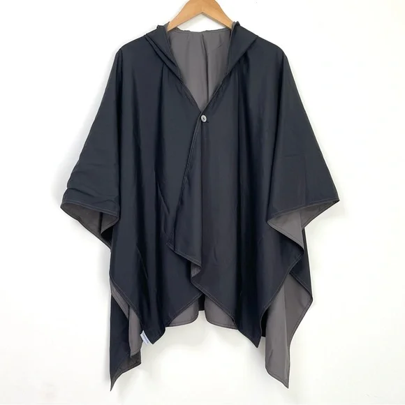 RainRaps Black Gray Hooded Rain Poncho Reversible One Size - Picture 4 of 6